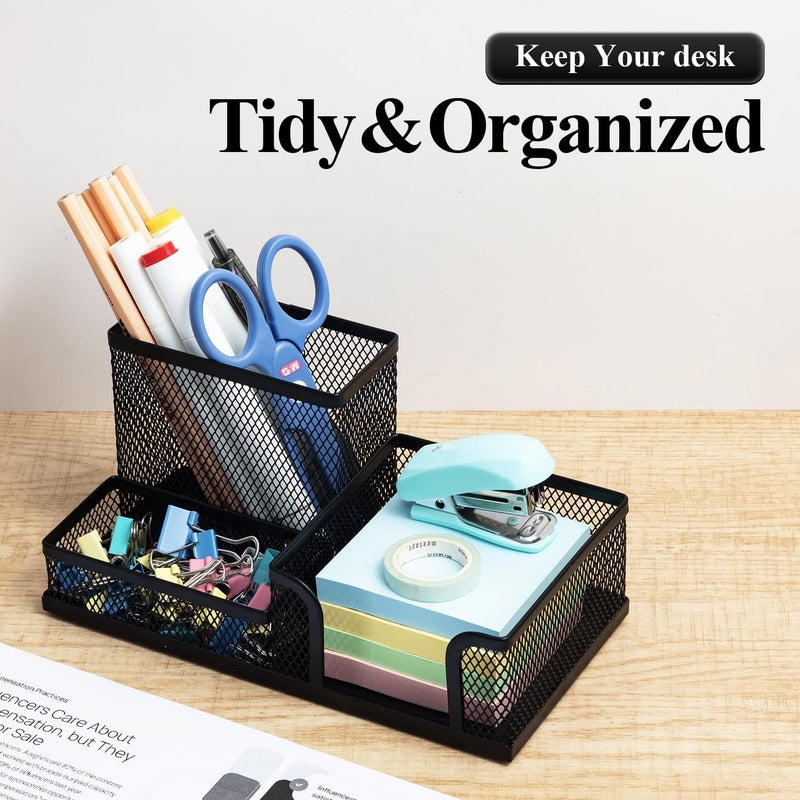 MG Mesh Pen Holder Desk Organizers Pencil Holder for Desk Black, 3 Compartments Metal Office Supply Organizer with Sticky Notes Holder for School Home Office - Image 2